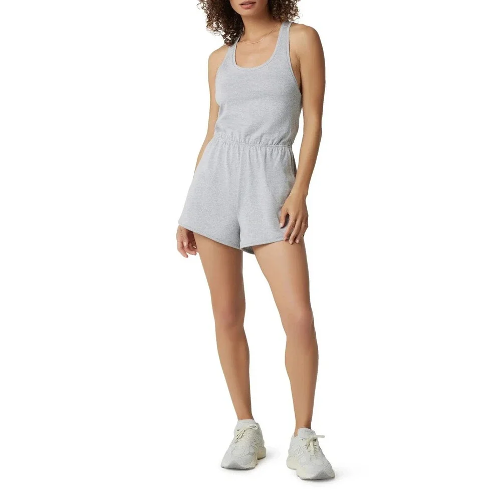 Vuori Halo Retro Romper Pale Heather Grey Soft Stretch Dreamknit Crossback Sz S